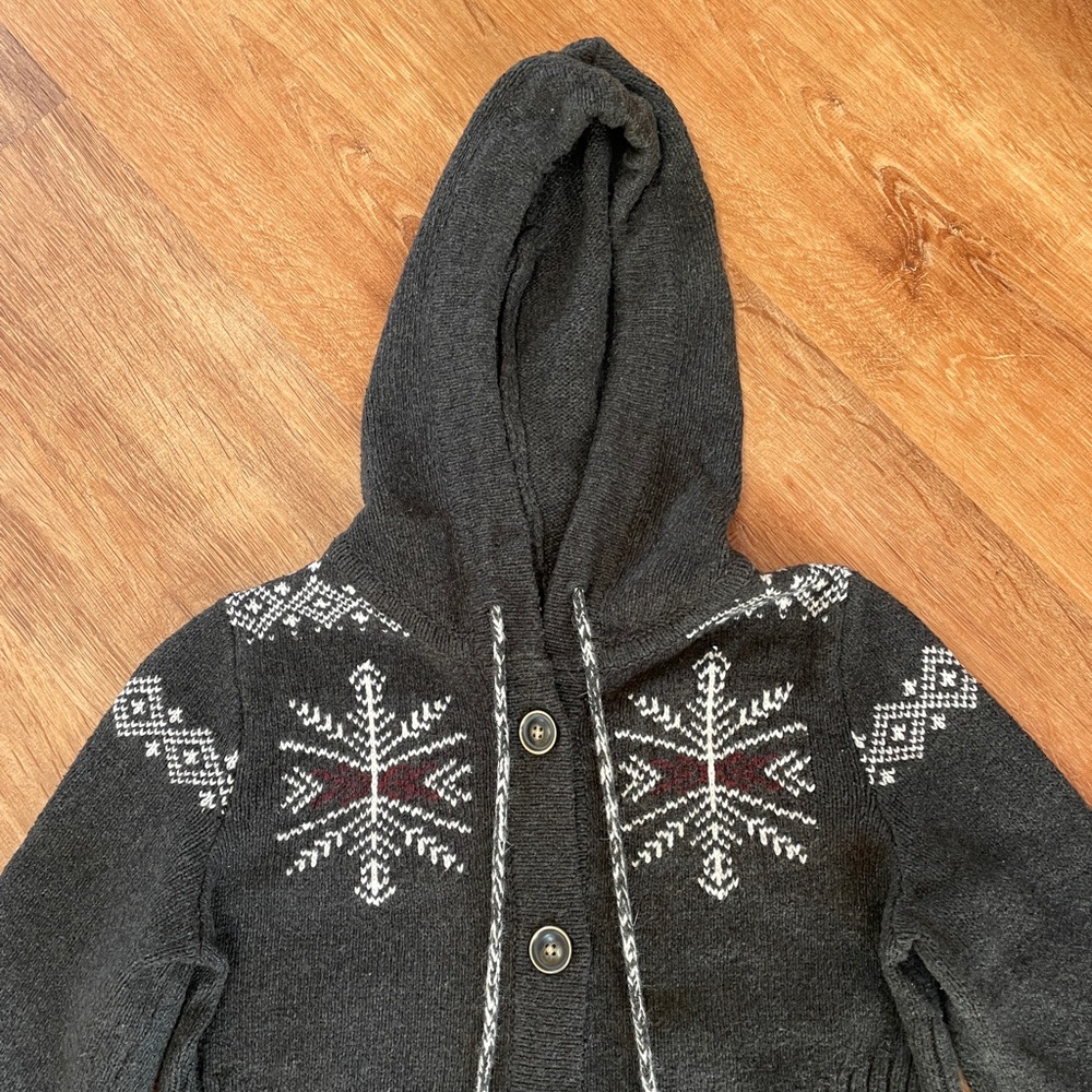 Eddie Bauer Womens Fair Isle Hooded Sweater Cardigan Medium Gray Tassels Button - Picture 2 of 6